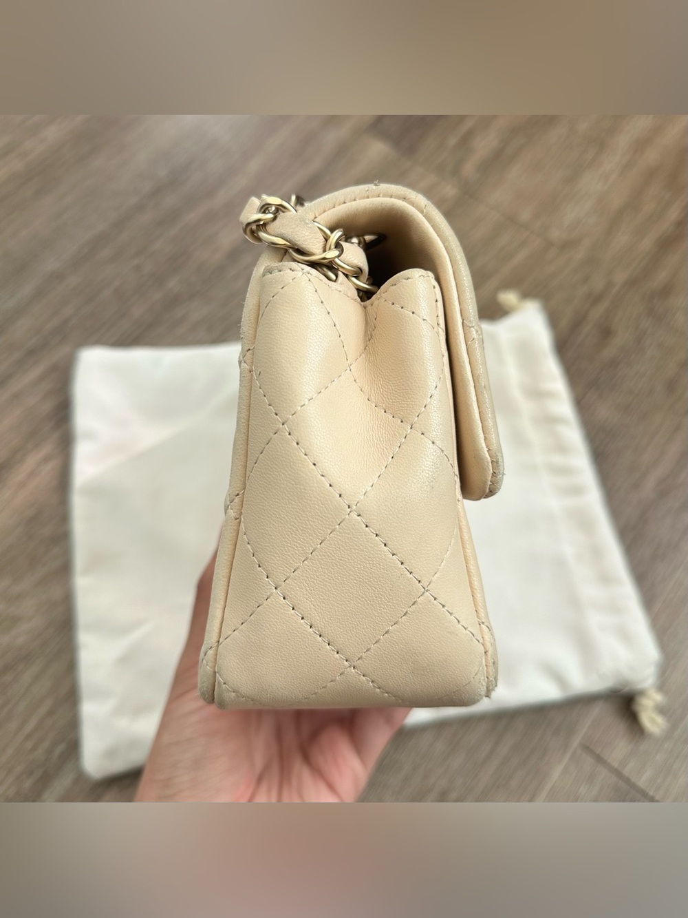 Chanel Rectangular Classic Mini Flap Bag Beige Lambskin Leather Gold Hardware - Picture 5 of 12